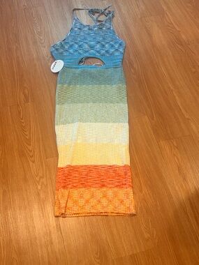 STAUD Blue and Teal Ribbed Knit Maxi Dress